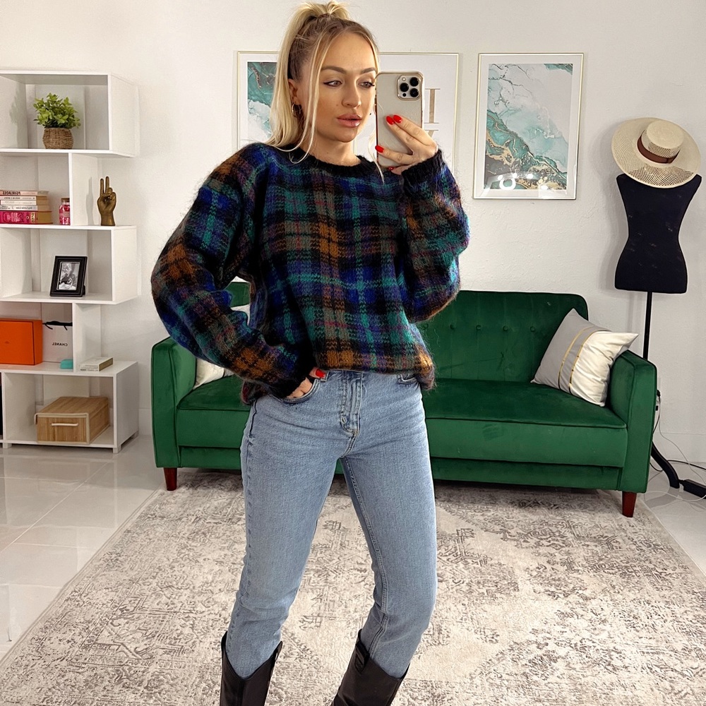 Pasta Vintage Plaid Fuzzy Sweater